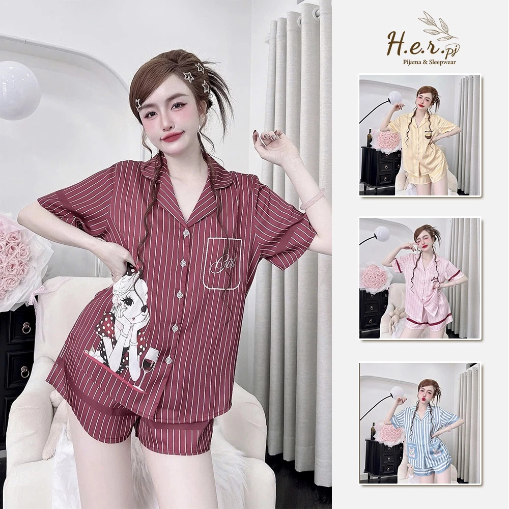 Bộ đồ ngủ nữ mặc nhà HER Pijama lụa latin tơ tằm cao cấp cộc đùi họa tiết dễ thương