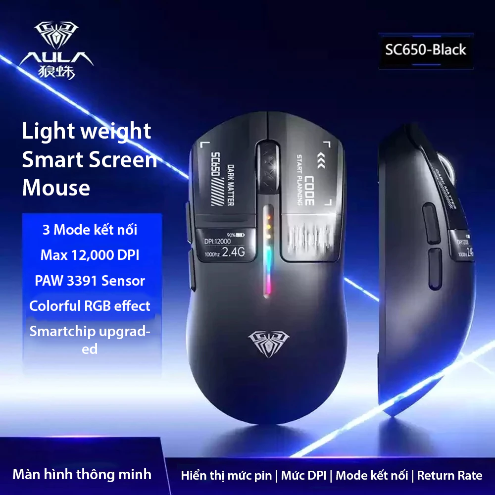 Chuột Máy Tính AULA SC650 3 Mode kết nôi Màn Hình hiển thị, Siêu Nhẹ 58g, Cảm Biến PAW3311 12000 DPI,
