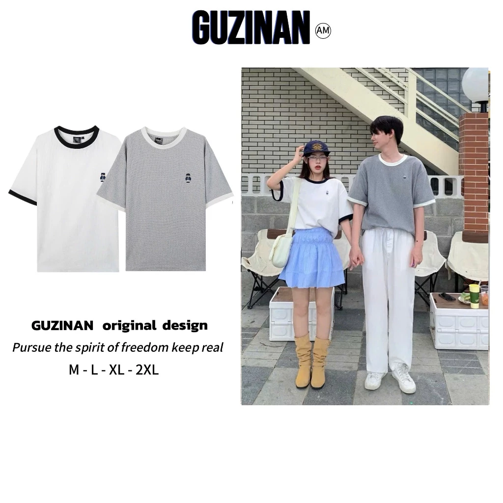 Áo Thun Cổ Tròn Cotton Tổ Ong Thêu Gấu Sắc Nét Form Rộng By Guzinan , Nam Nữ Đều Mặc Đẹp Thoáng Mát Mềm Mịn A026