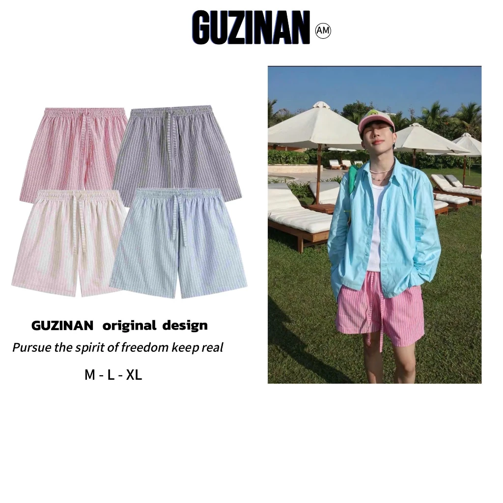 JAP SHORT-Quần Short Vải Cotton Kẻ Sọc Thoáng Mát Ông Rộng Nam Nữ Đi Biển Mỏng Nhẹ Menswear QS03