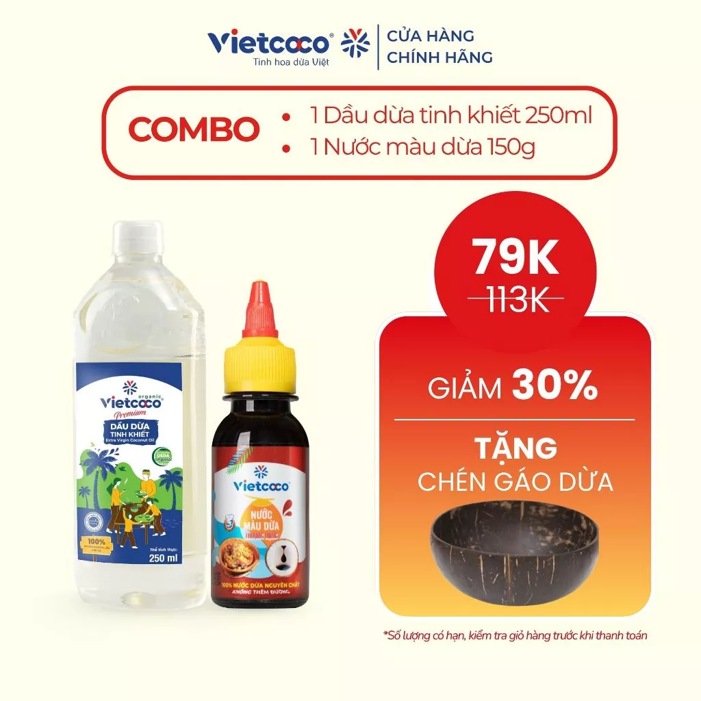 [COMBO 2 CHAI] 1 Dầu dừa tinh khiết Organic Vietcoco 250ml + 1 Nước màu dừa 150g