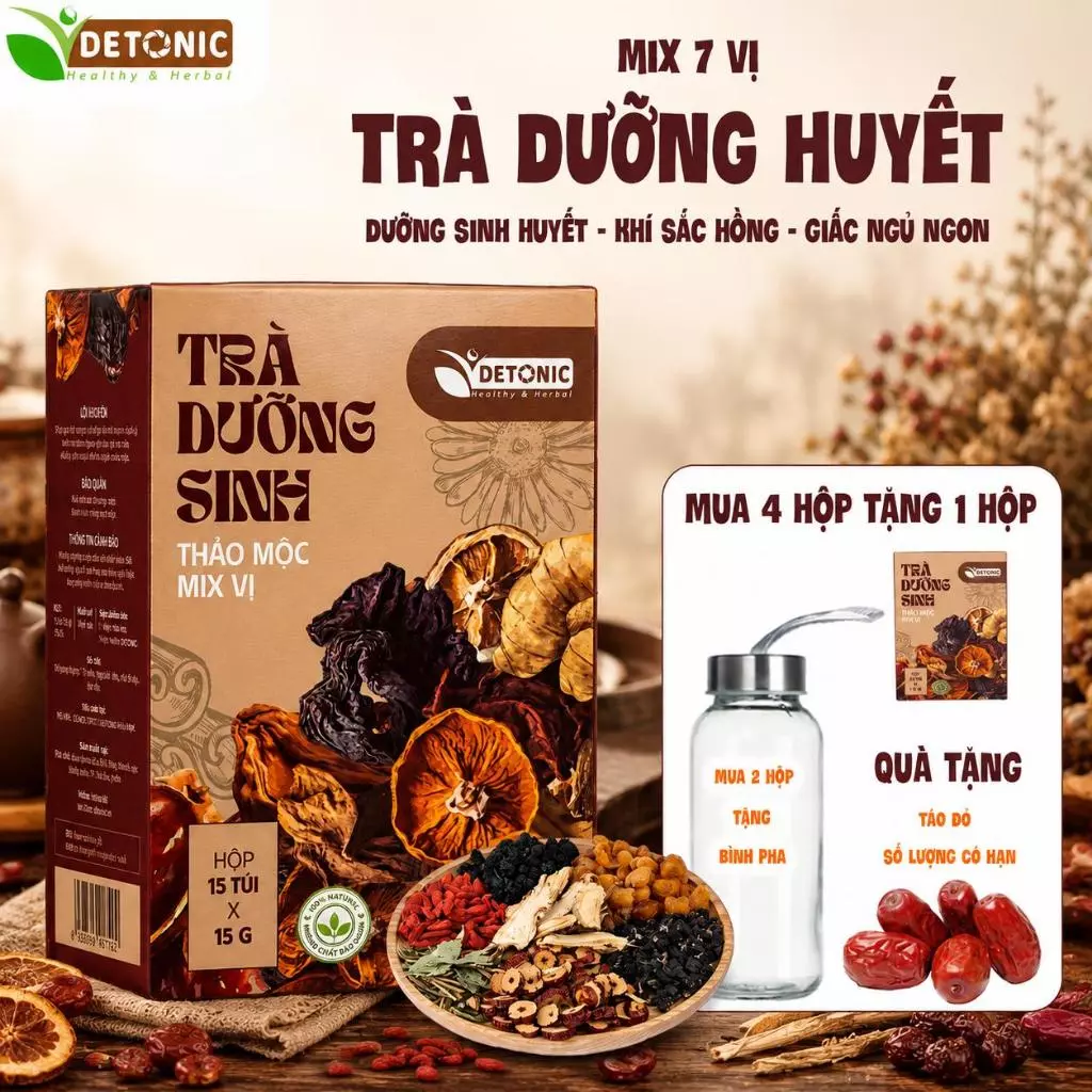 Trà dưỡng huyết DETONIC giúp bổ máu và giảm các triệu chứng mệt mỏi, chóng mặt, suy nhược cơ thể nguyên liệu thiên nhiên