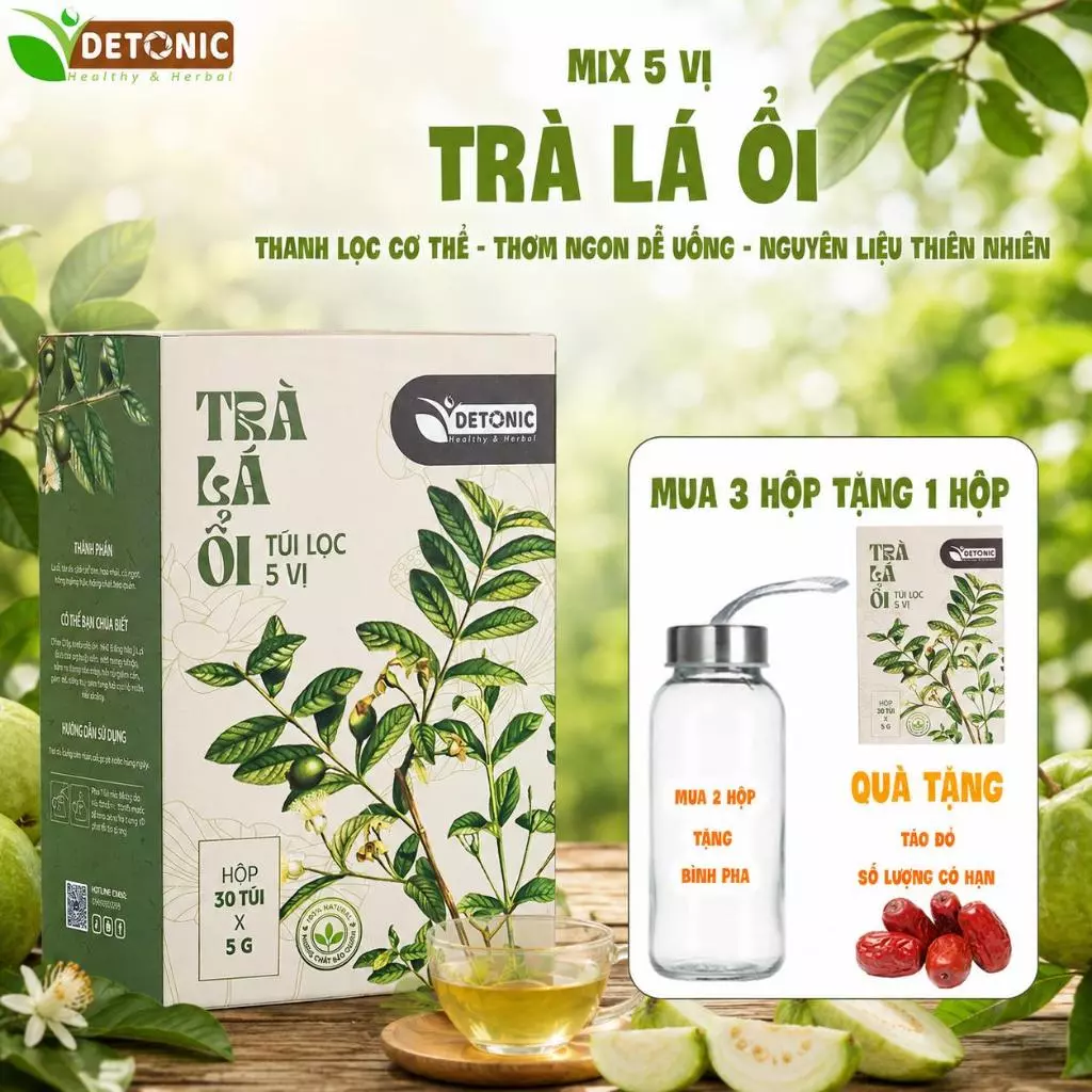 Trà lá ổi DETONIC hỗ trợ tiêu hoá, giảm cân, ngăn ngừa mỡ máu, tiểu đường gout, giúp cân bằng vóc dáng thon gọn