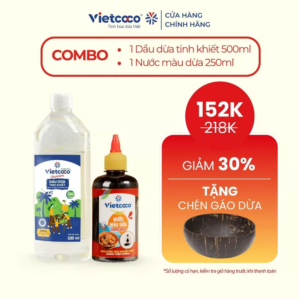 [COMBO 2 CHAI] 1 Dầu dừa tinh khiết Organic Vietcoco 500ml + 1 Nước màu dừa 250ml