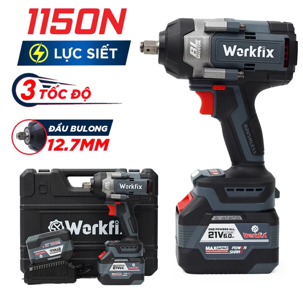 Máy Siết Bulong Workfix WF-IW1150N Lực Khủng, Chuyên Siết Bulong Không chổi than Lõi Đồng - Máy bắn bulong
