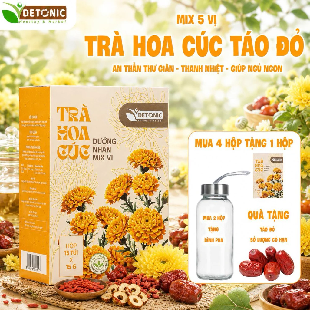 Trà hoa cúc táo đỏ DETONIC giúp ngủ ngon và sâu giấc, cải thiện tâm trạng, hỗ trợ mát gan thanh nhiệt