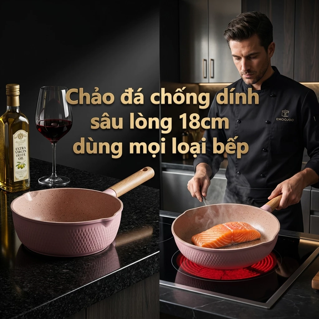 Chảo Nấu Ăn Vân Đá 18cm Chống Dính Dùng Được Nhiều Loại Bếp