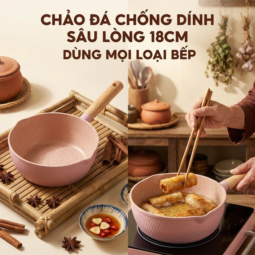 Chảo Nấu Ăn Chống Dính Vân Đá 18cm Dùng Cho Mọi Loại Bếp Phổ Biến