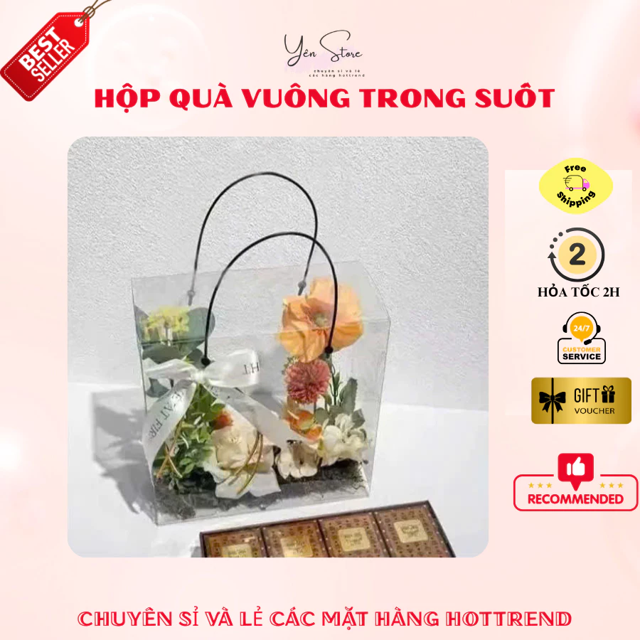 Hộp Quà Tặng Mica Vuông Quai Đen 20*10*10, Đựng Hoa Sáp, Hoa Kẽm Nhung, Quà Handmade, Bánh Kẹo