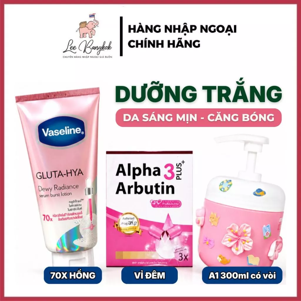 [Made in Thailand] Combo Mix Trắng Da Vaseline 4X - 70X Hồng + Viên Kích Trắng + Hũ Trộn Kem Không Bào Mòn Da 300ml