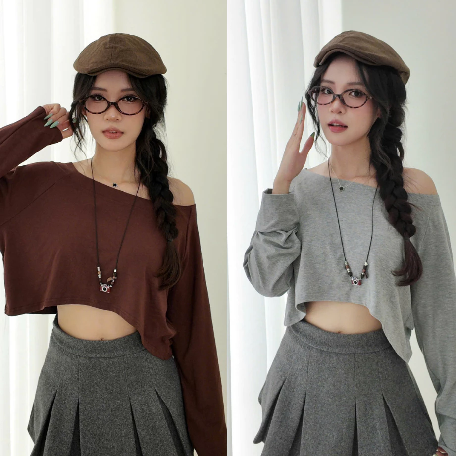 SUXING | Áo thun tay dài dáng croptop cổ tròn mặc lệch vai nữ - S259