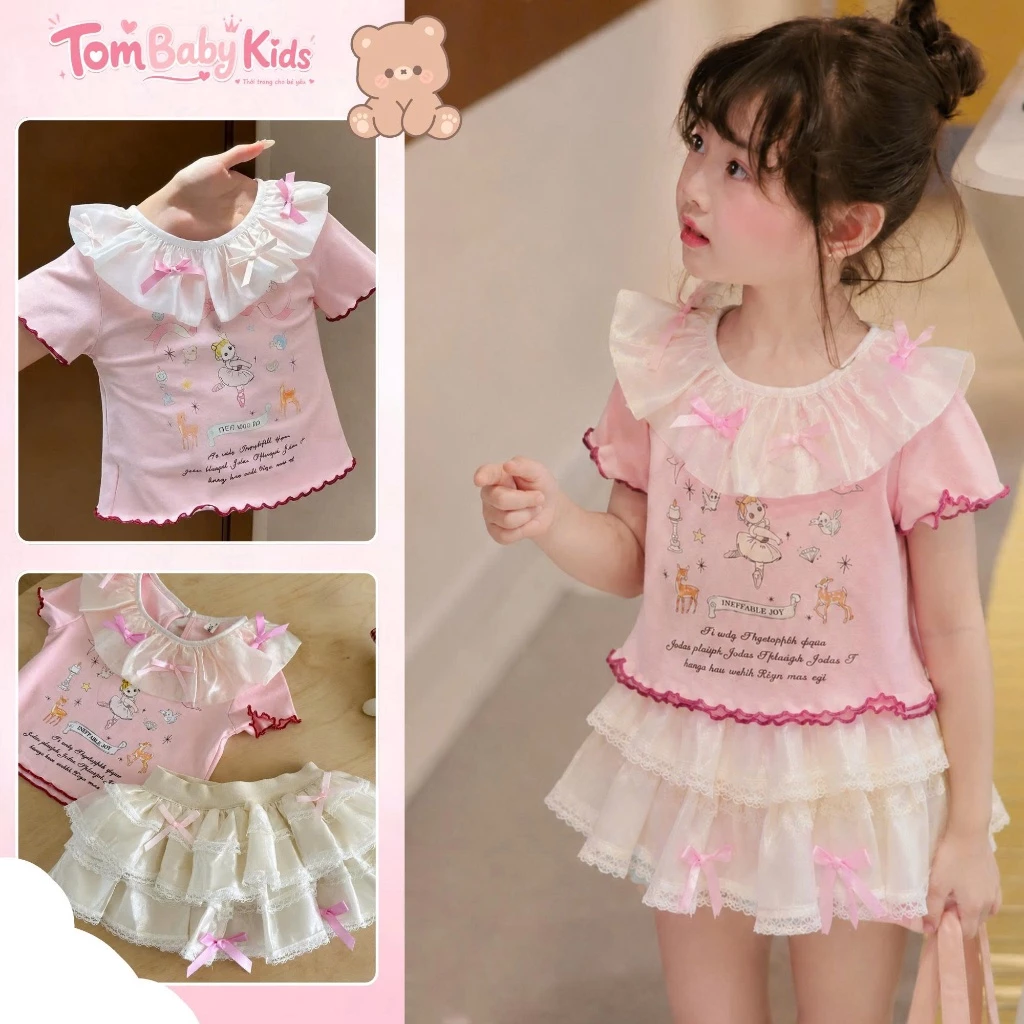 Đồ bộ bé gái, set áo cotton Cổ Bèo Đính Nơ kèm chân váy tầng phối Ren Nơ xinh xắn cho bé 9-27kg Tom Baby Kids (B-102-HN)