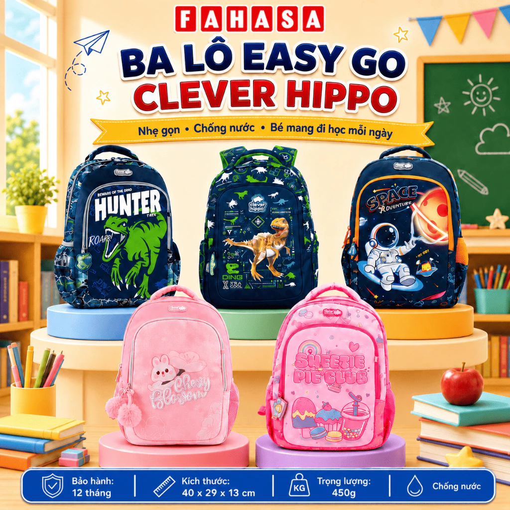 Ba Lô Easy Go Clever Hippo Mới Nhất 2026 - Chiến Binh Khủng Long/Khủng Long Siêu Đẳng/Space Adventure/Sweetie Pie Club