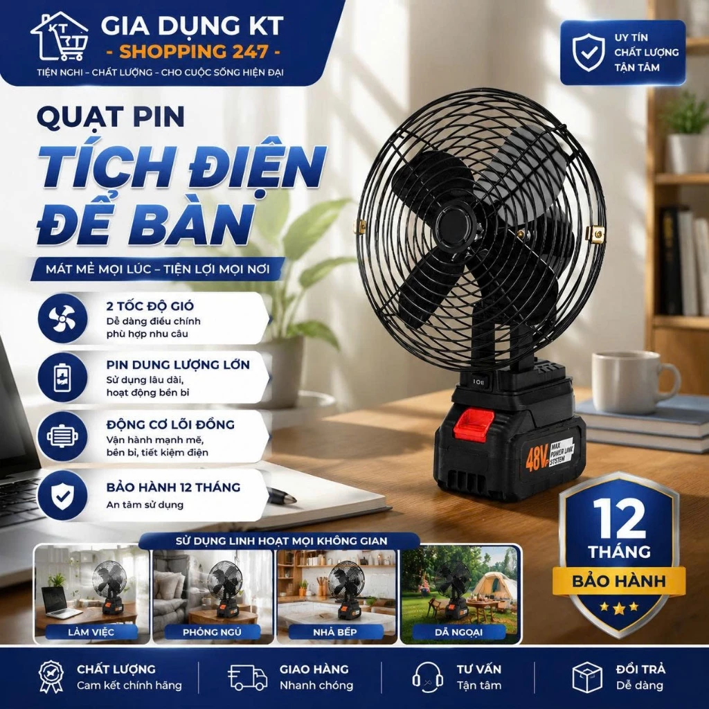 Quạt Tích Điện Để Bàn Chạy Pin Phổ Thông Công Suất Lớn, Làm Mát Cực Nhanh, Kết Cấu Chắc Chắn, Hoạt Động Mạnh Mẽ, Bền Bỉ