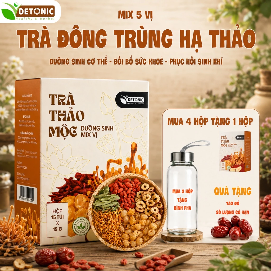 Trà đông trùng hạ thảo DETONIC giúp tăng cường sinh lực sinh lý, giảm mệt mỏi, giúp thư giãn ngủ ngon sâu giấc