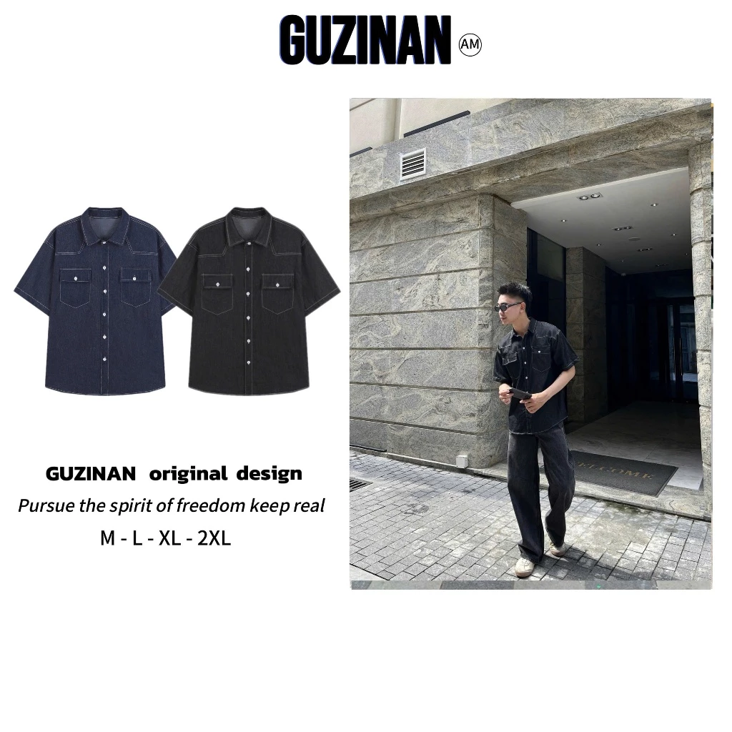 Áo sơ mi Denim GUZINAN ngắn tay, chất vải denim trẻ trung basic form rộng Dáng Unisex Nam Nữ Phong Cách