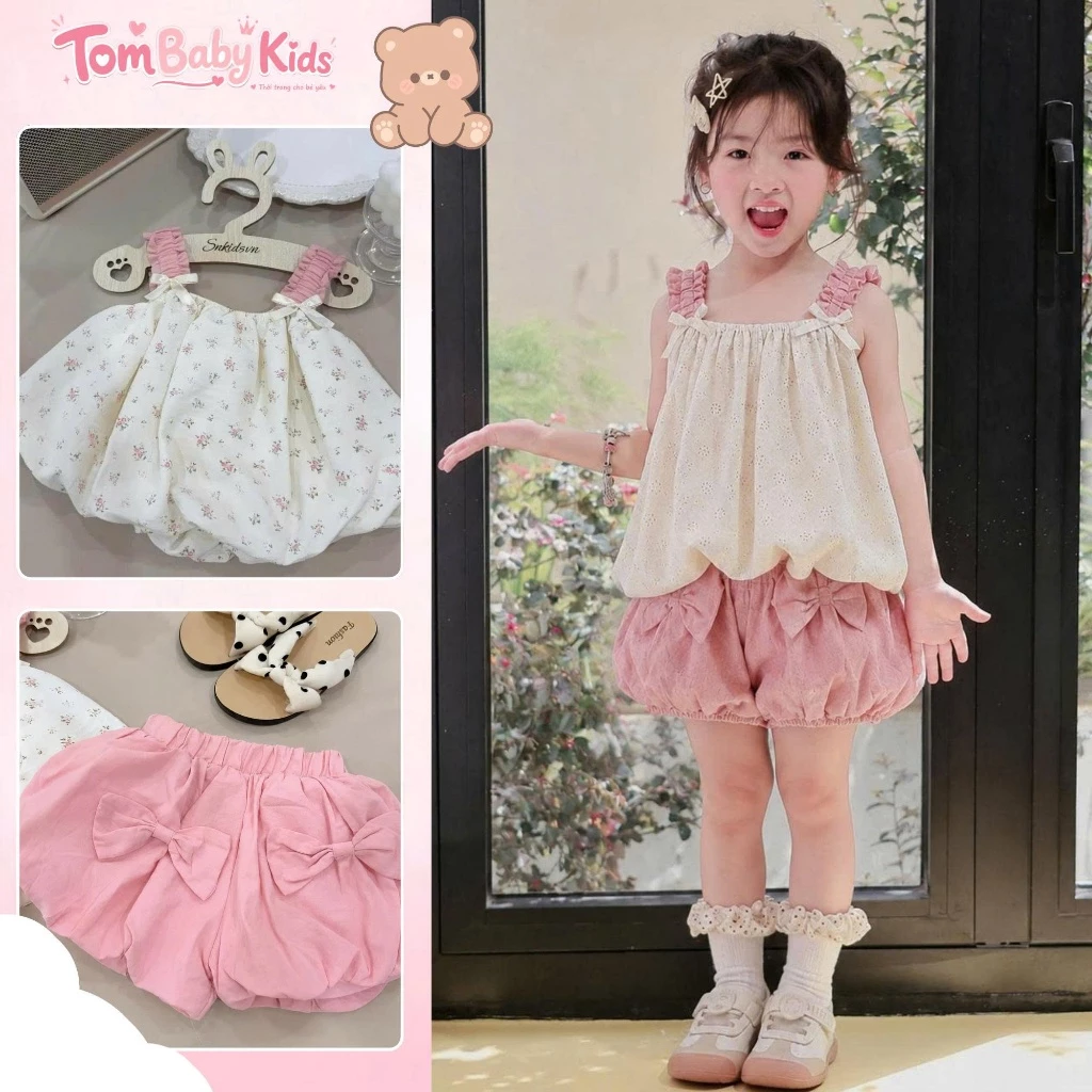 Set đồ bé gái, đồ bộ bé gái 2 dây Đũi Hoa Nhí phối quần bí Hồng Nơ xinh xắn 9-27kg Tom Baby Kids (B-109-HN)