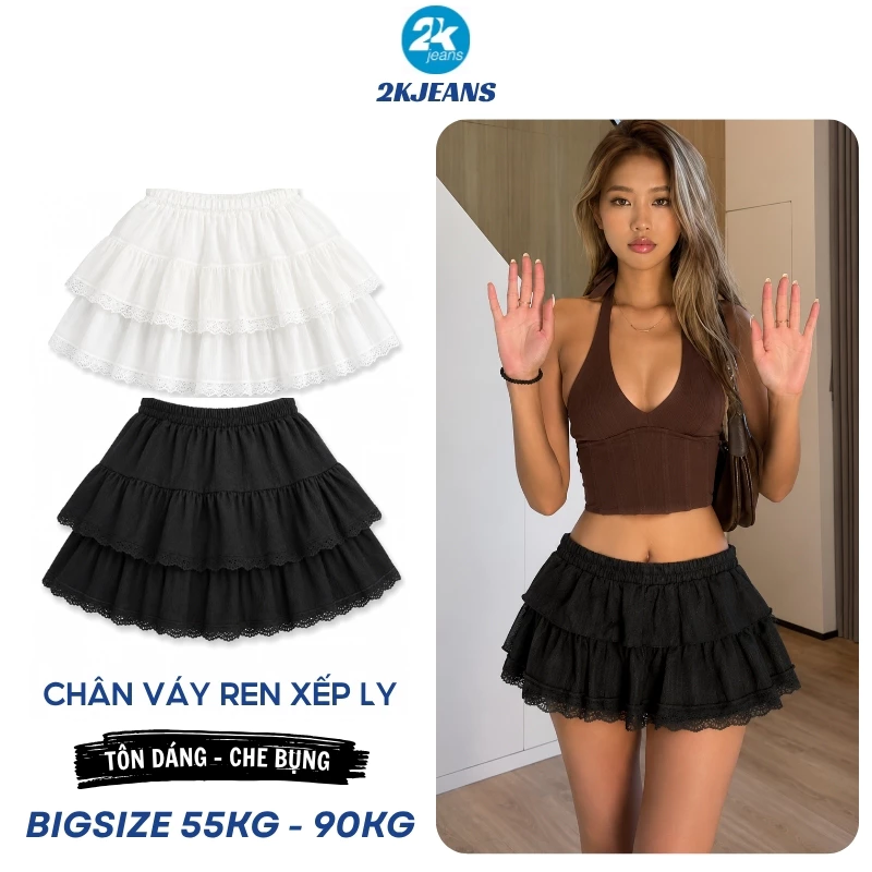 Chân Váy Ren Xếp Ly Bigsize 55–90kg Có Lót Trong, Váy Xòe Lưng Thun Chất Ren Mát CV6010 – 2KJeans