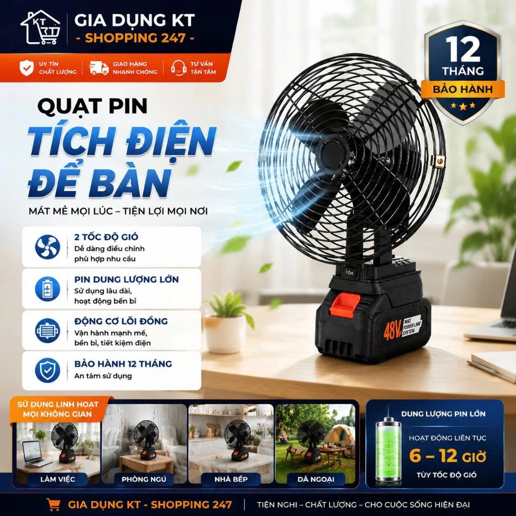 Quạt Pin Tích Điện Để Bàn, Quạt Mini Dùng Pin MAKITA Công Suất Lớn, Làm Mát Cực Nhanh, Hoạt Động Mạnh Mẽ, Bền Bỉ