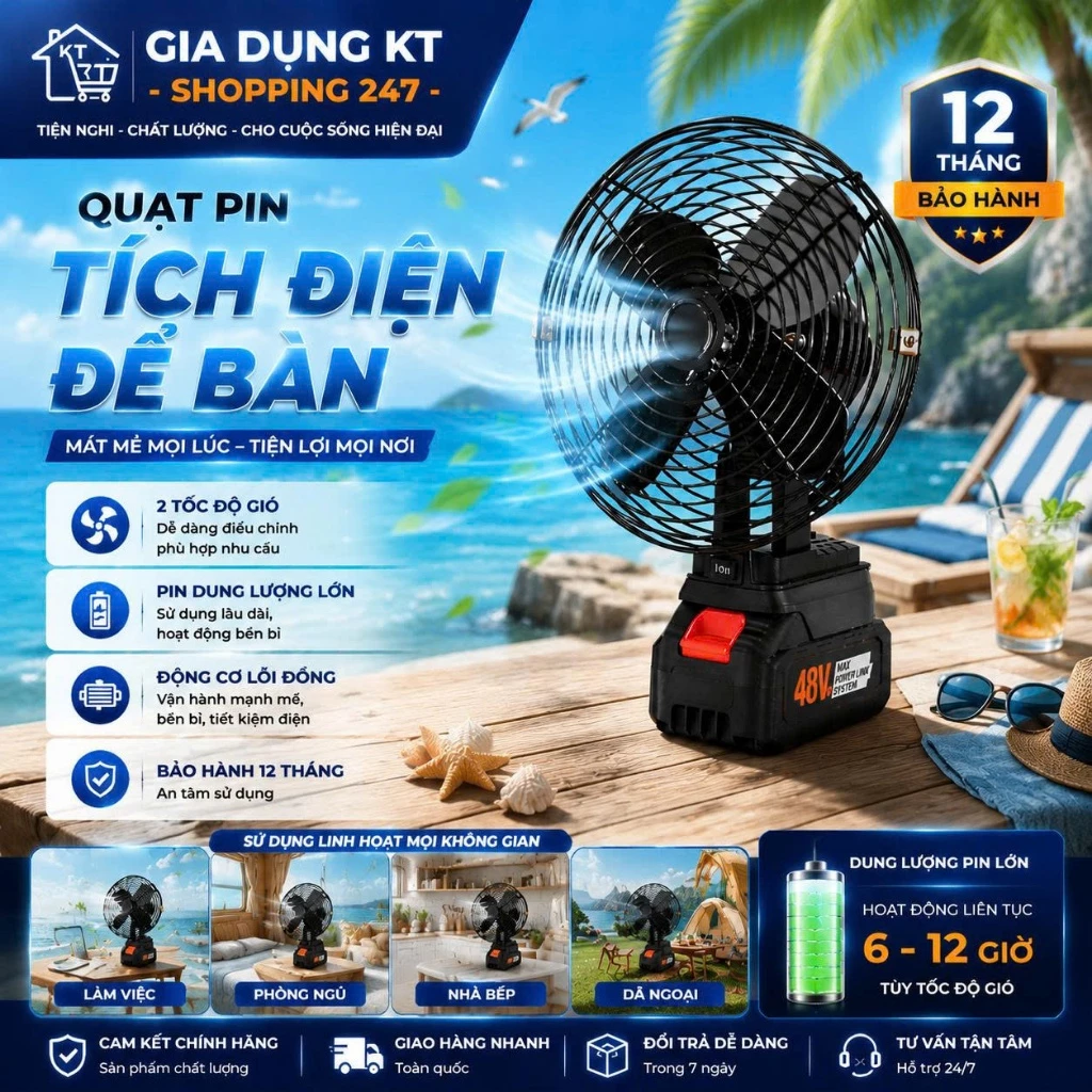 Quạt Tích Điện Để Bàn Dùng Pin Phổ Thông 10/20/30 Cell Công Suất Lớn, Làm Mát Cực Nhanh, Hoạt Động Bền Bỉ