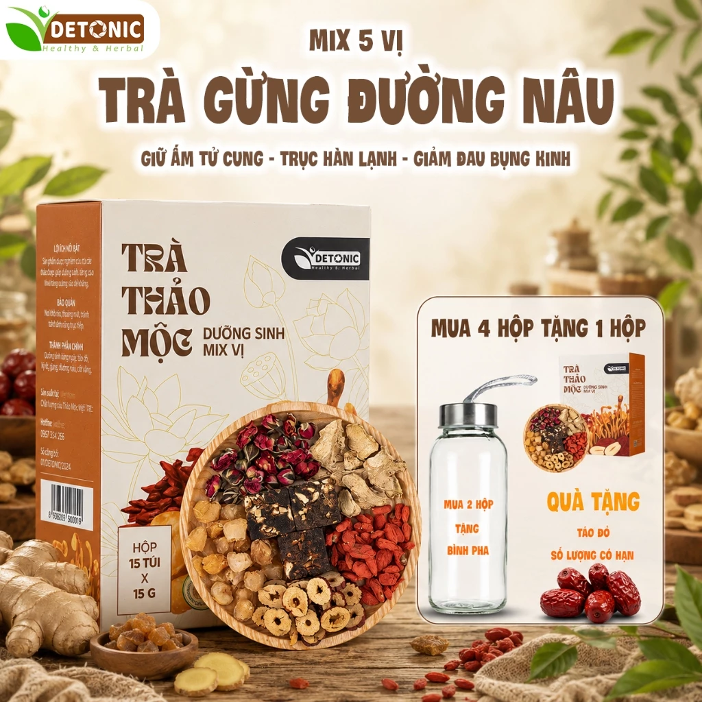 Trà gừng đường nâu DETONIC hỗ trợ giảm đau bụng kinh, bổ máu, giữ ấm cơ thể và giữ ấm tử cung tránh bị hàn lạnh