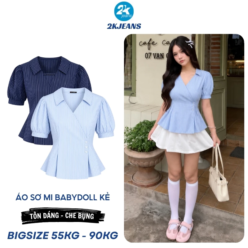 Áo Babydoll Bigsize 55kg-90kg Kẻ, Áo Sơ Mi Tay Ngắn Dáng Xòe 2 Màu Mặc Đi Biển AT470 Thời Trang 2KJEANS