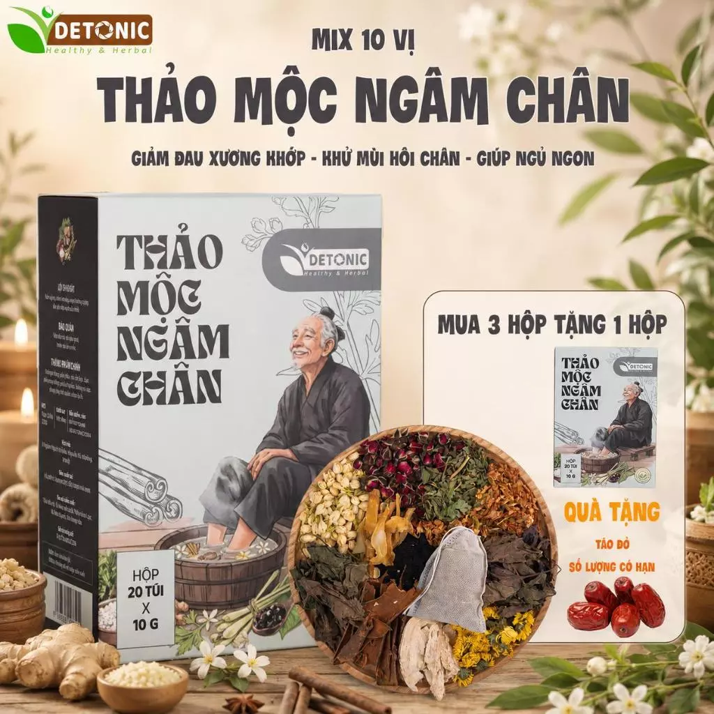 Thảo mộc ngâm chân DETONIC 10 vị thảo dược, giúp hỗ trợ giảm đau nhức, thải độc và ngủ ngon hơn