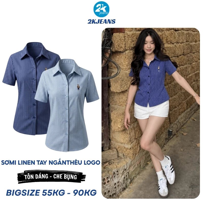 Áo sơ mi sọc ngắn tay bigsize 55kg-90kg vải LINEN sọc xịn dày dặn đi chơi, đi học AT9025 thời trang 2KJEANS