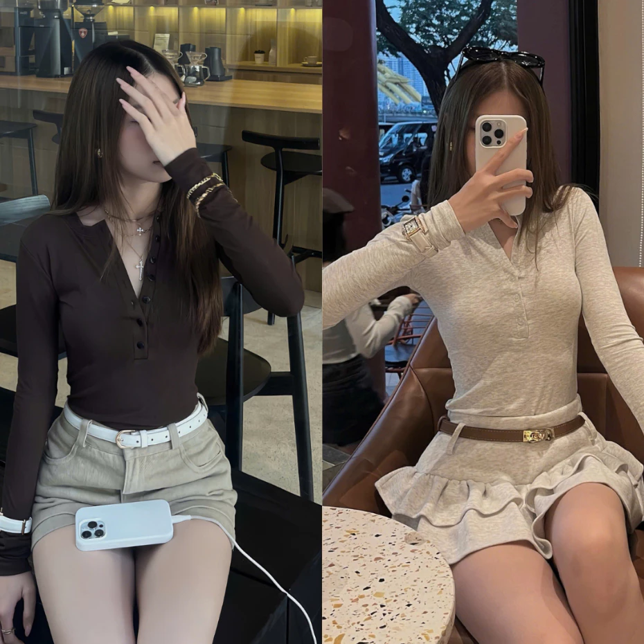 SUXING |  Áo thun ôm body phối cổ cúc tay dài - S106