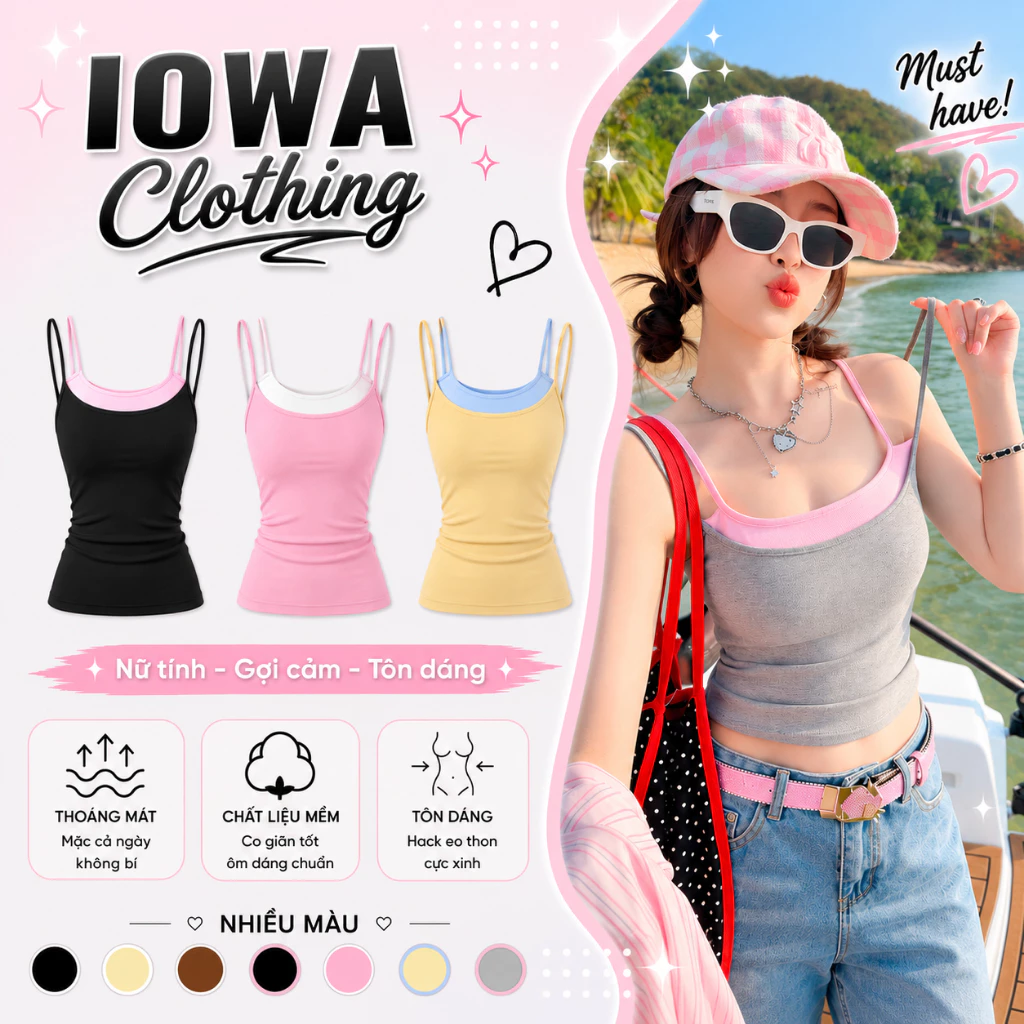 (MỞ BÁN) Áo Hai Dây Nữ Phối Màu Giả 2 Lớp Ôm Body IOWA DD36 - Borip Lụa Mềm Mát Mix Màu