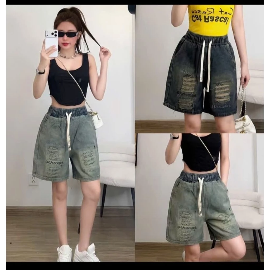 Quần Short Jean Ngố Nữ Thêu Phối Họa Tiết Rách Tua Rua Cạp Chun Lưng Cao Trẻ Trung Cá Tính