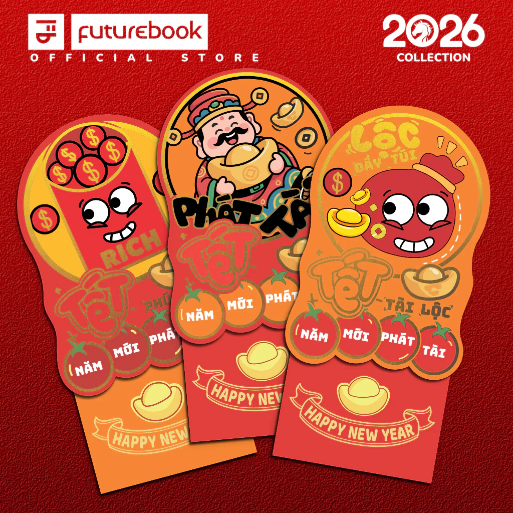 Combo 5+2 Xấp Bao Lì Xì Chúc Tết 2026 Bính Ngọ Cao Cấp Thiết Kế Giấy Couche & Kraft Kim Tuyến FUTUREBOOK