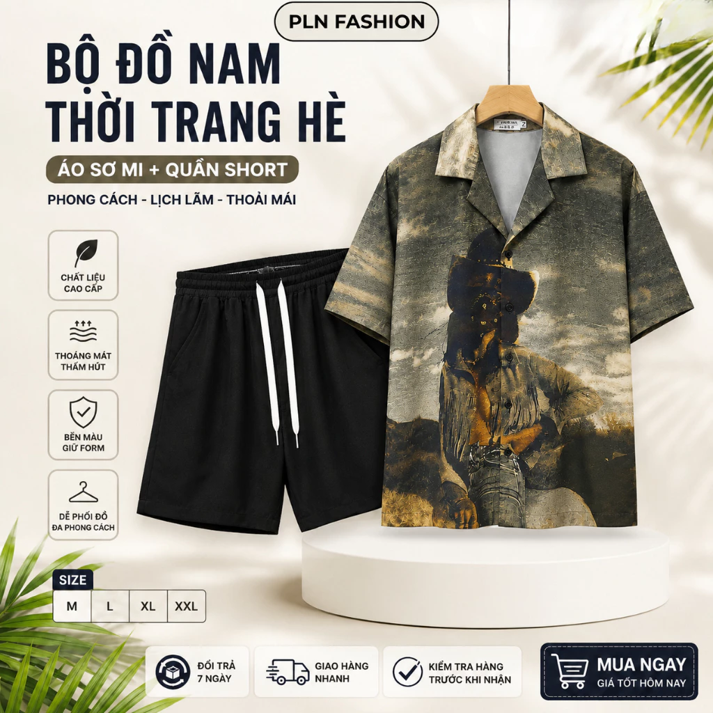 bộ đồ nam hè mặc đi chơi đi biển đi du lịch họa tiết in nét, set quần áo nam hè cao cấp PLNfahion