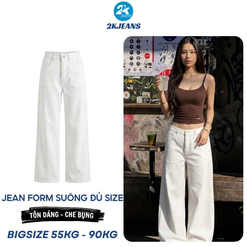 Quần Jean Nữ Ống Rộng Màu Trắng Bigsize 40–90kg Lưng Cao Form Suông Che Khuyết Điểm MS105 – 2KJEANS