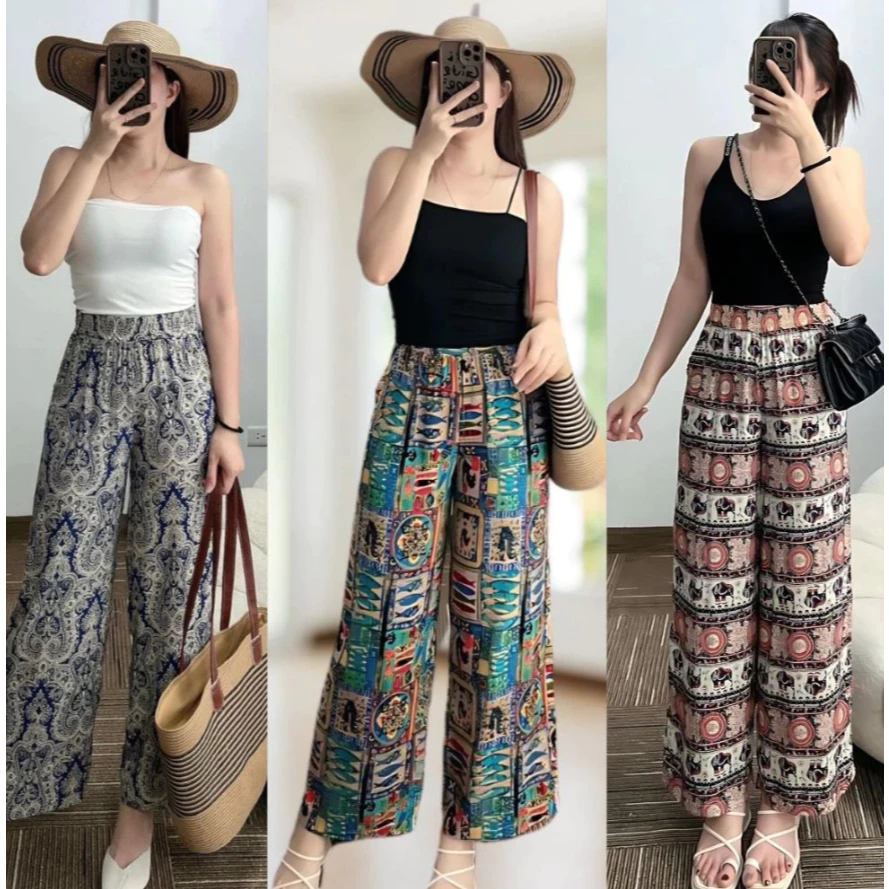 Quần lanh ống suôn họa tiết hoa văn, mềm mịn, mát mẻ  QTH001