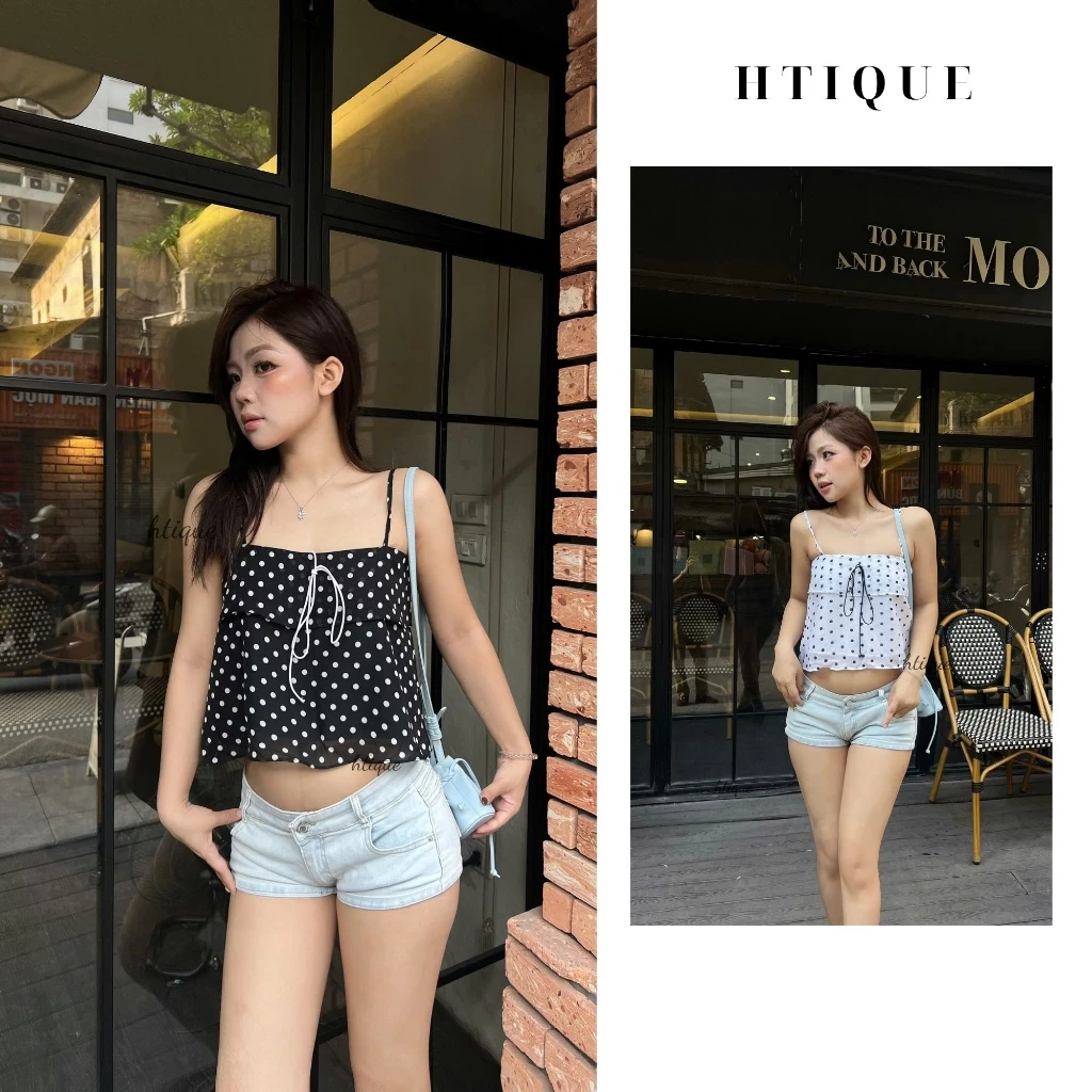 HTIQUE - Áo Hai Dây chấm bi phối Nơ tạo điểm nhấn, Áo kiểu nữ basix mát mẻ mùa nè năng động AT34