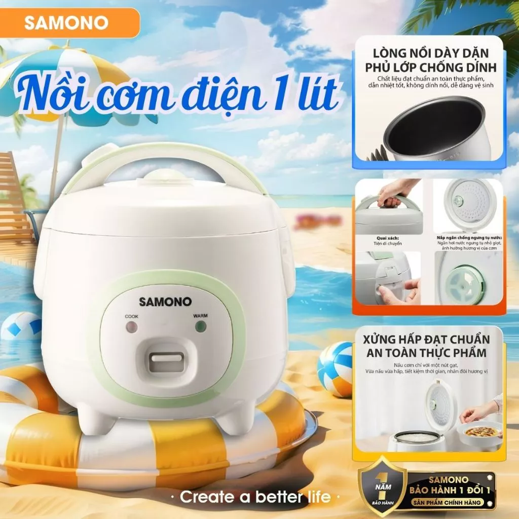 SAMONO Nồi Cơm Điện mini 1 Lít Công suất 500W - Lòng nồi chống dính - Kèm xửng hấp SW-RCES10