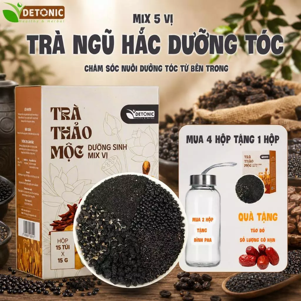 Trà ngũ hắc DETONIC thảo mộc giúp dưỡng tóc chắc khỏe, và làm đen tóc tự nhiên