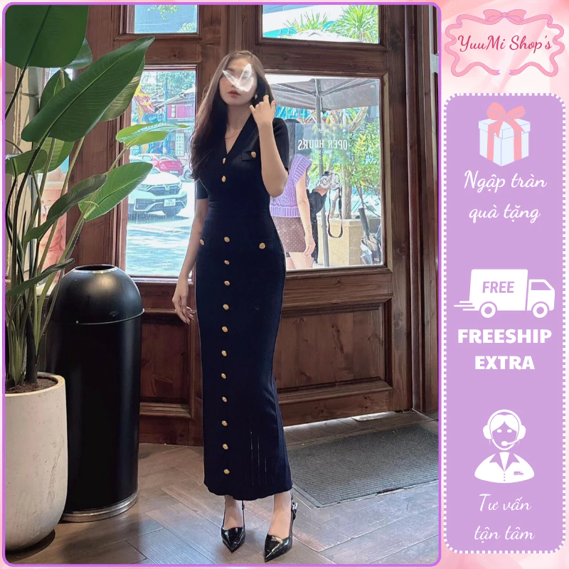 Đầm maxi dáng dài ôm body cổ bẻ xẻ khuy cúc dọc thân chất thun tăm gân tôn dáng sành điệu HCOM3568