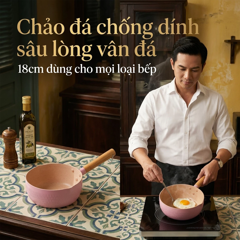 Chảo vân đá chống dính 18cm lòng sâu tiện chế biến nhiều món ăn gia đình