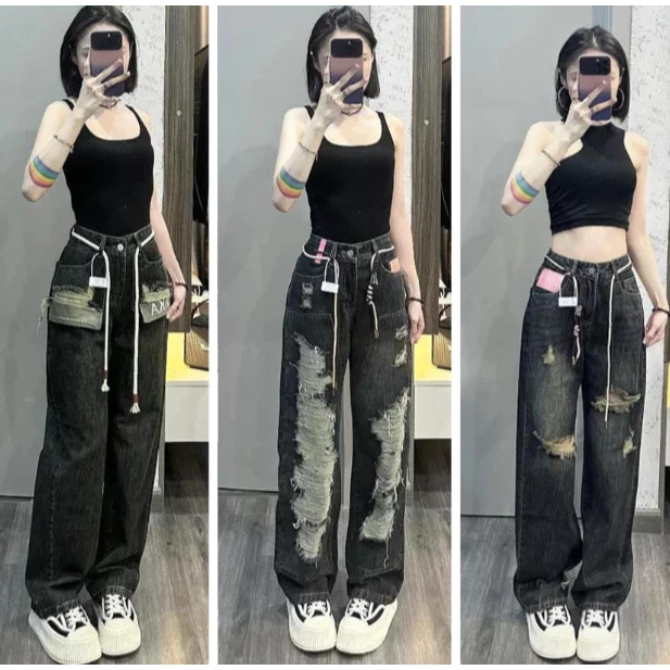 Quần Jean Nữ Ống Rộng Suông Rách Gối Wash Đen Cá Tính Phong Cách Streetwear - QJN7315