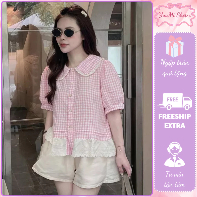 Đồ bộ nữ đẹp áo sơ mi tay phồng cổ sen caro kèm quần short đùi màu be chất đũi mềm mịn mặc đi biển HCOM26212