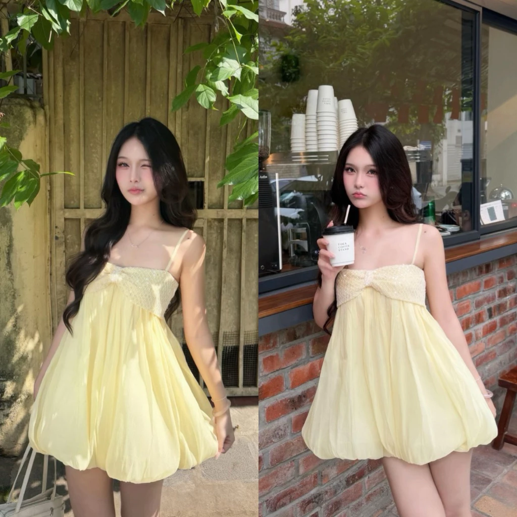 [Deal Mở Bán] Váy Baby Tơ Vàng Kèm Quần Mềm Mịn Bồng Bềnh Nơ Ngực, Đầm Babydoll Phối Kim Sa Hai Dây Mặc Đi Biển, Đi Chơi