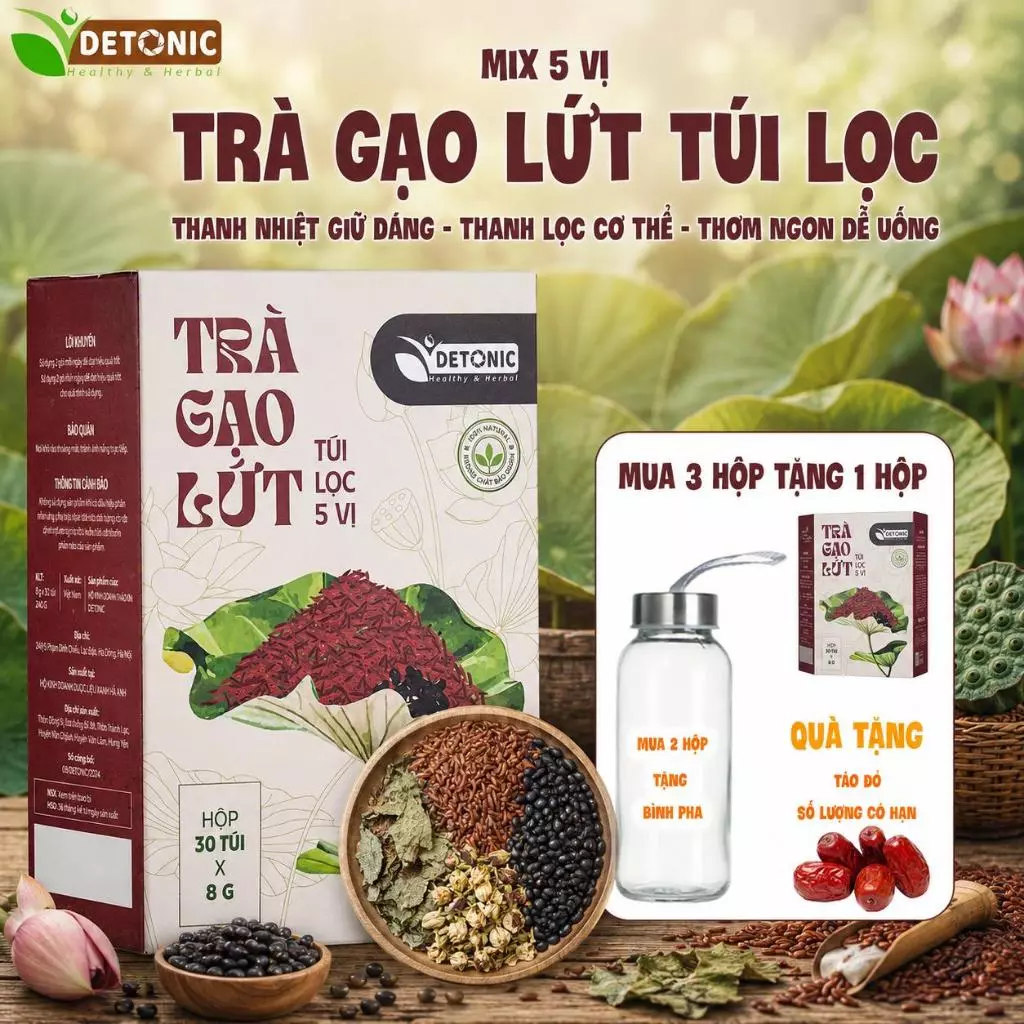 Trà gạo lứt DETONIC hỗ trợ thanh nhiệt giải nhiệt, cải thiện mỡ máu tiểu đường, giúp cân bằng vóc dáng sau sinh