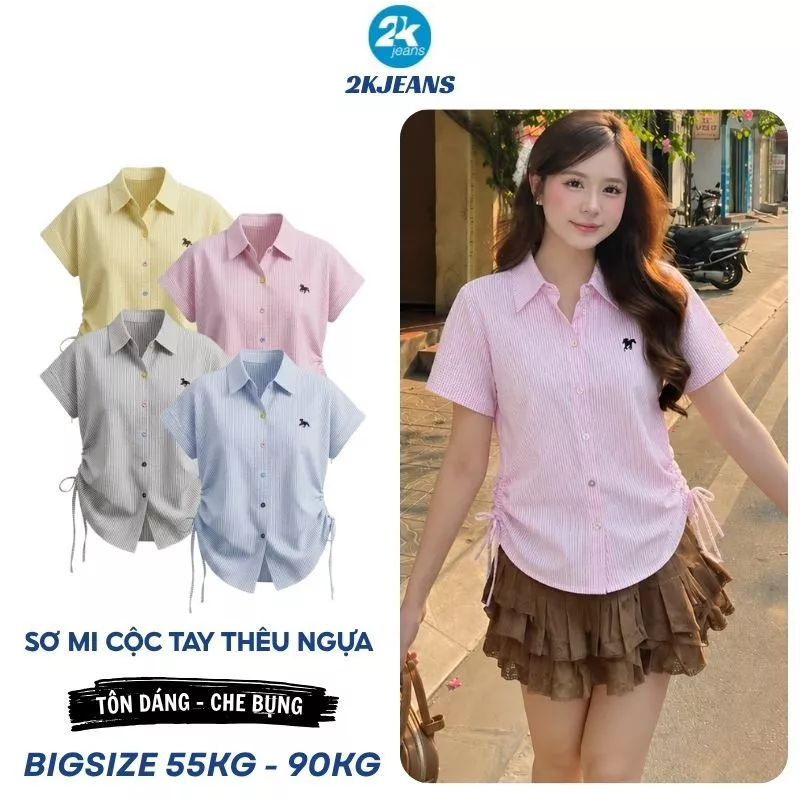 Áo sơ mi tay ngắn kiểu rút eo bigsize 55kg-90kg vải cotton sọc xịn dày dặn đi chơi, đi học AT9021 thời trang 2KJeans