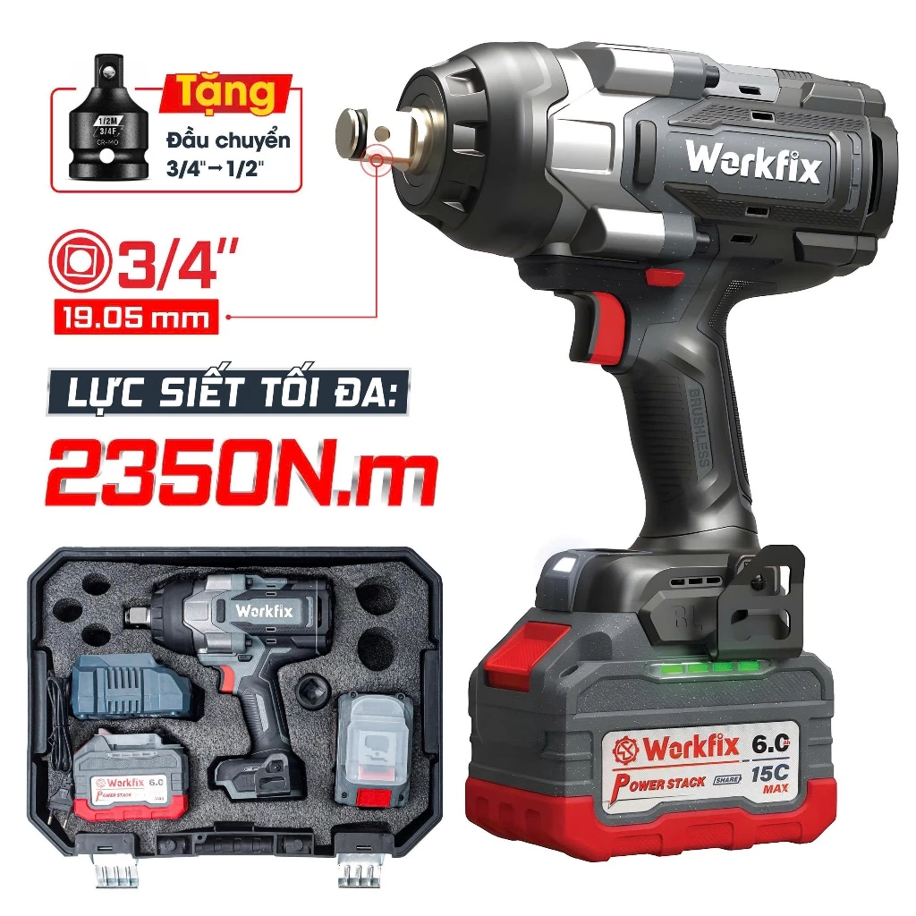 TẶNG ĐẦU CHUYỂN - Máy siết bulong Workfix WF-IW2350PRO (2350N.m) Không chổi than 2 pin 15 Cell - Máy siết ốc hạng nặng