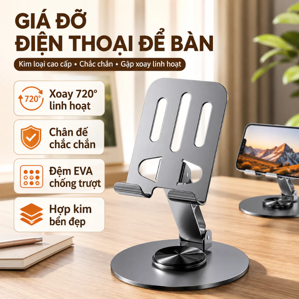 Fitdays Z1 Giá đỡ điện thoại để bàn bằng hợp kim nhôm, xoay 360°, hỗ trợ ổn định, có thể gập lại, chắc chắn và bền bỉ.