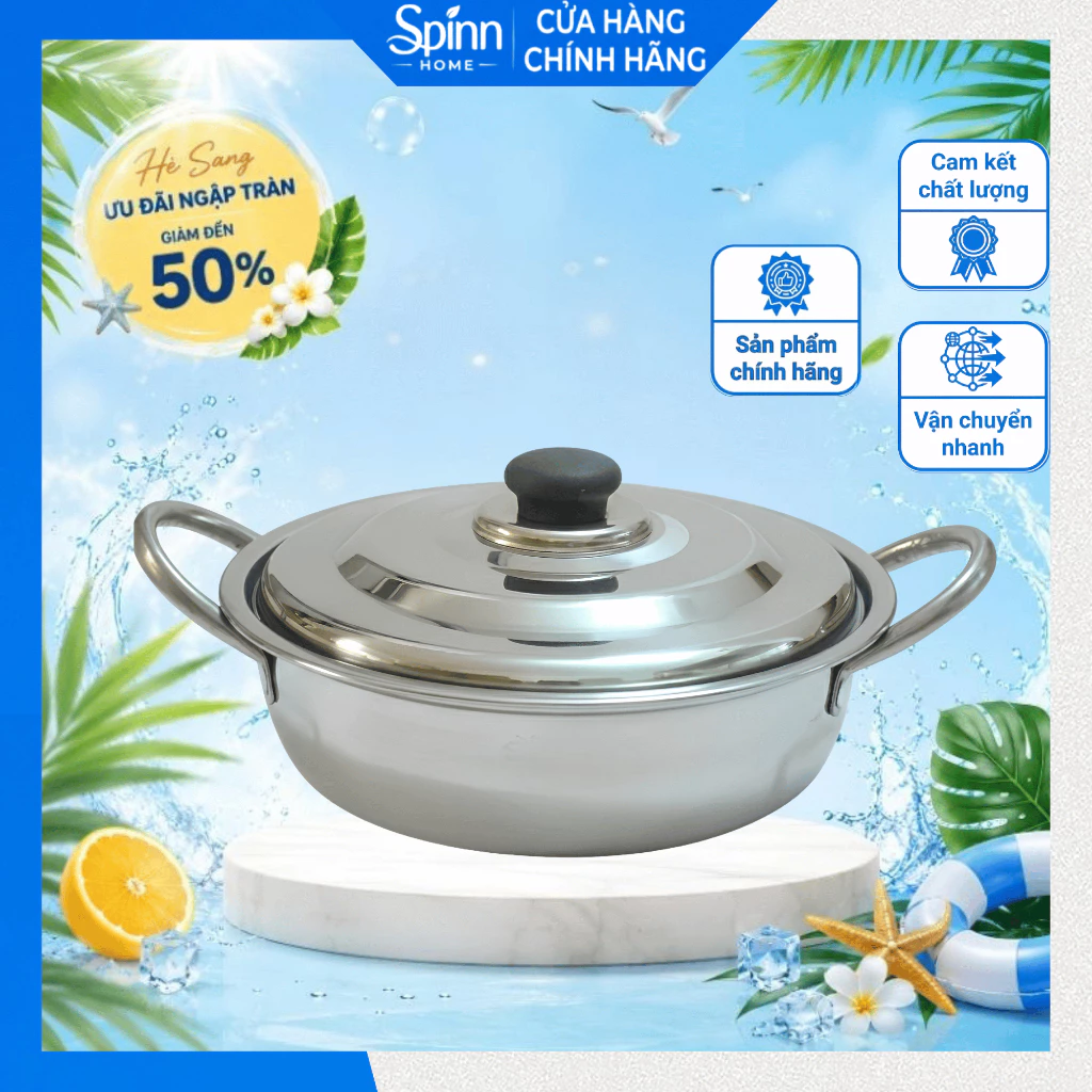 Nồi lẩu 1 đáy inox 304 cao cấp có nắp làm bằng nhôm siêu bền, chảo lẩu 2 quai inox nhiều size