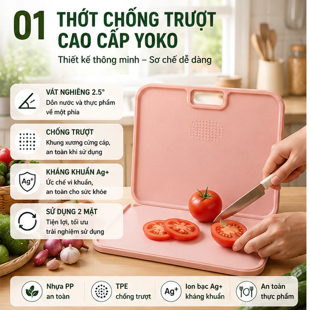 Thớt Nhựa Chống Trượt  Chống Tràn Nước, Gia Dụng Nhà Bếp Dùng 2 mặt Bề mặt nhám nhẵn