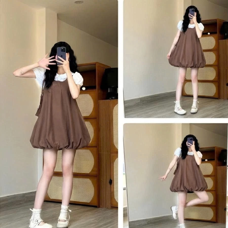 Set váy yếm dáng bí su trơn basic kèm áo cổ sen mặc mùa hè đi biển đi chơi dễ phối đồ phong cách tiểu thư